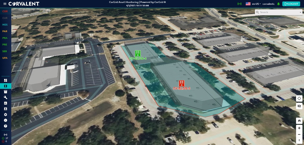 CorGrid 3D site view showing monitored buildings and assets on an aerial facility map