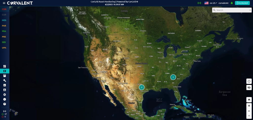 CorGrid geographic map dashboard showing monitored sites across North America